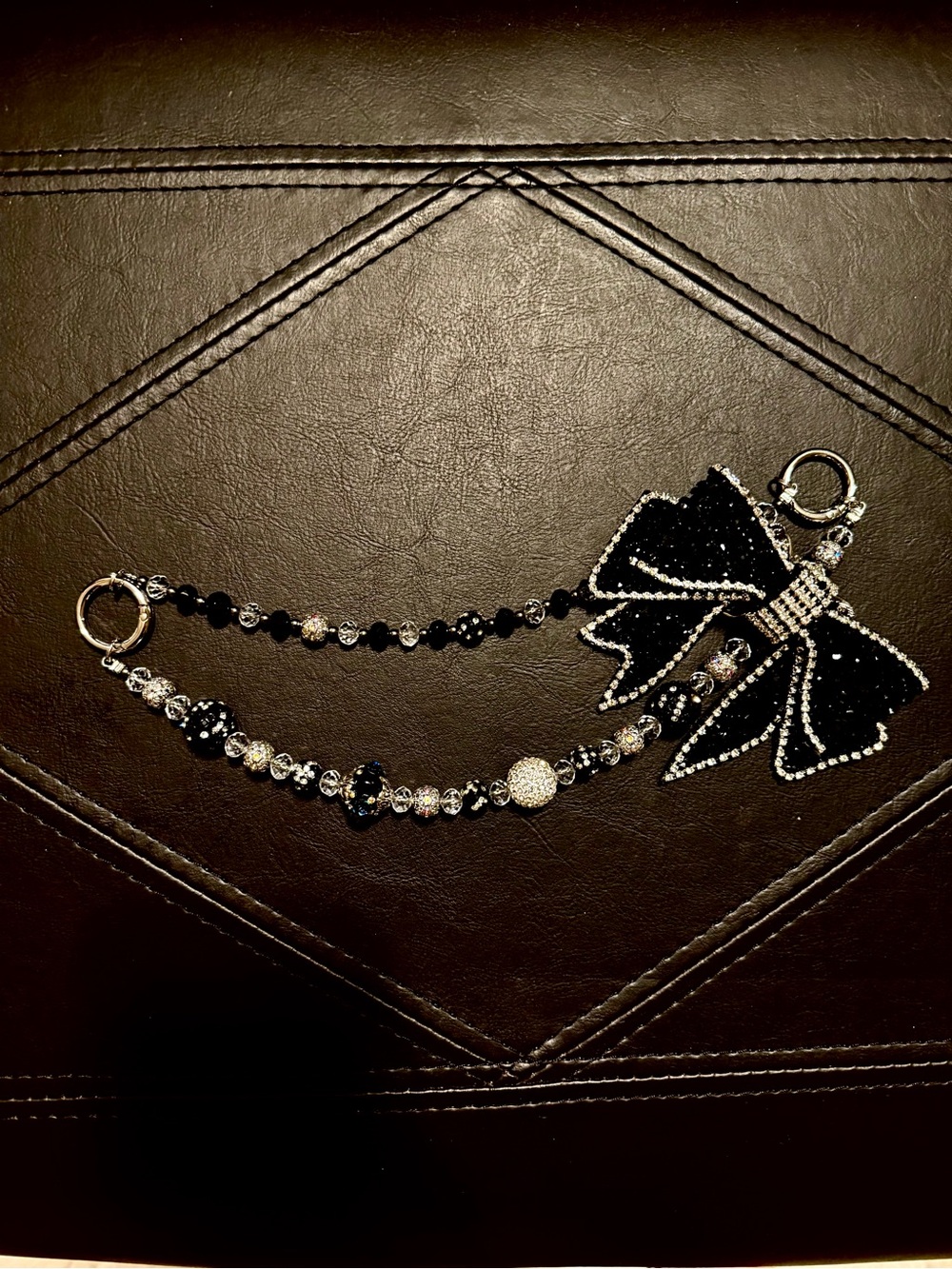 Black & Silver Rhinestone Bow Bag Charm | Luxury Beaded Purse Jewelry - Picture 3 of 3